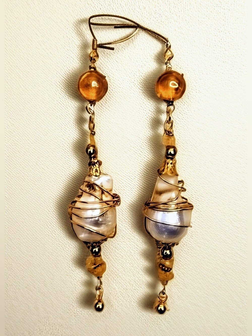 Genuine Yellow Citrine  In Long Gold Plated Earrings With Large Baroque Pearl
